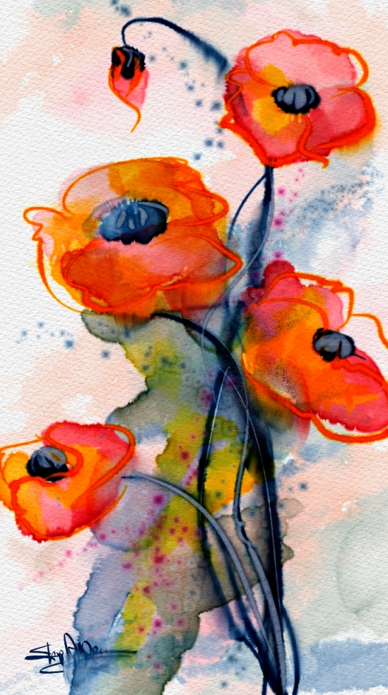 Wet Poppies, Corel Painter 2015, Real Watercolor, Watercolor, and Particle Brushes.